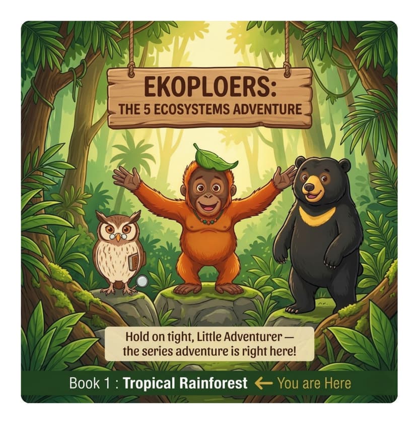 Illustration of Kiko and Boni reading together in the Borneo forest
