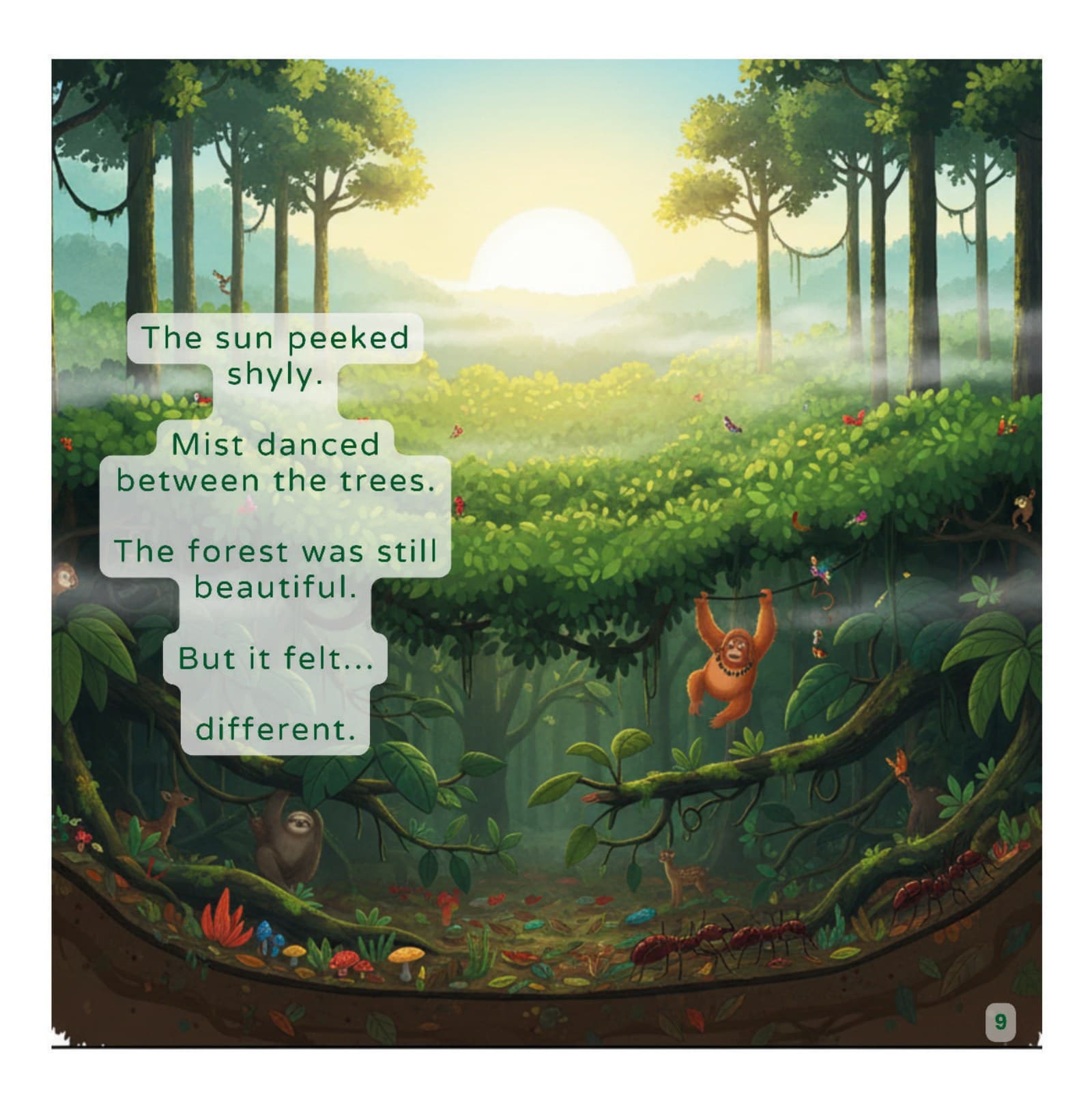 A misty dawn in the Kalimantan forest with Kiko swinging in the distance
