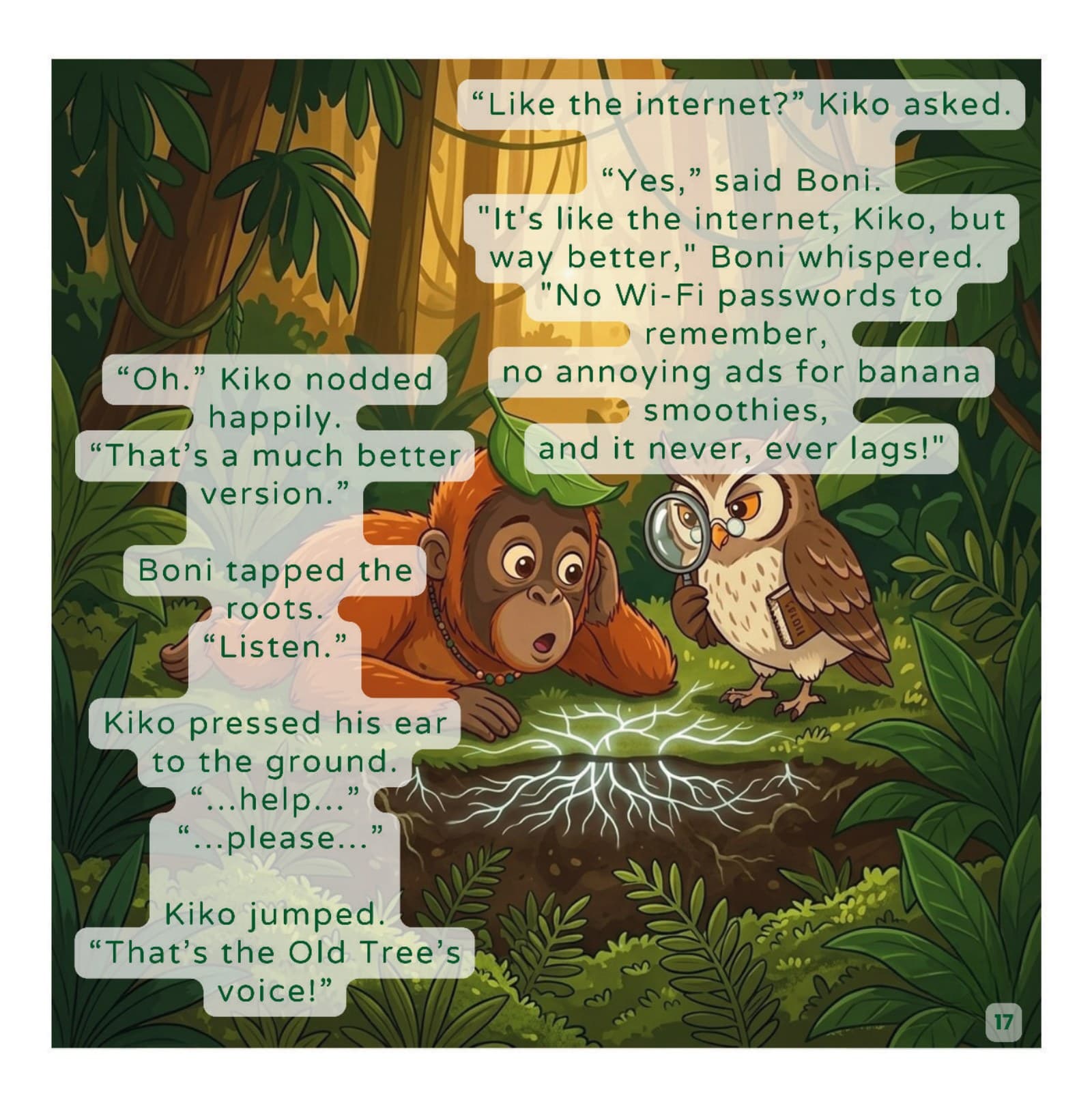 Kiko and Boni listening to the glowing root network under the forest floor