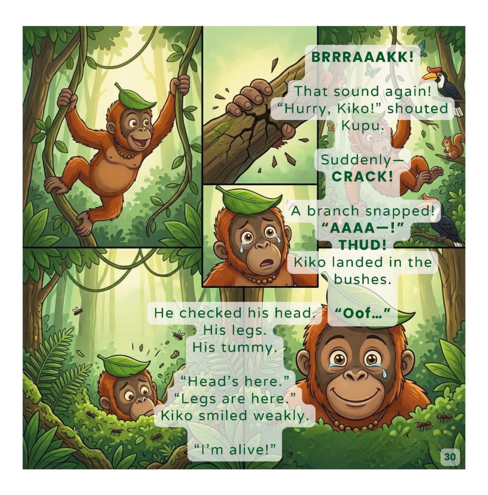 Kiko swinging through the Kalimantan forest trees with a hornbill and squirrels